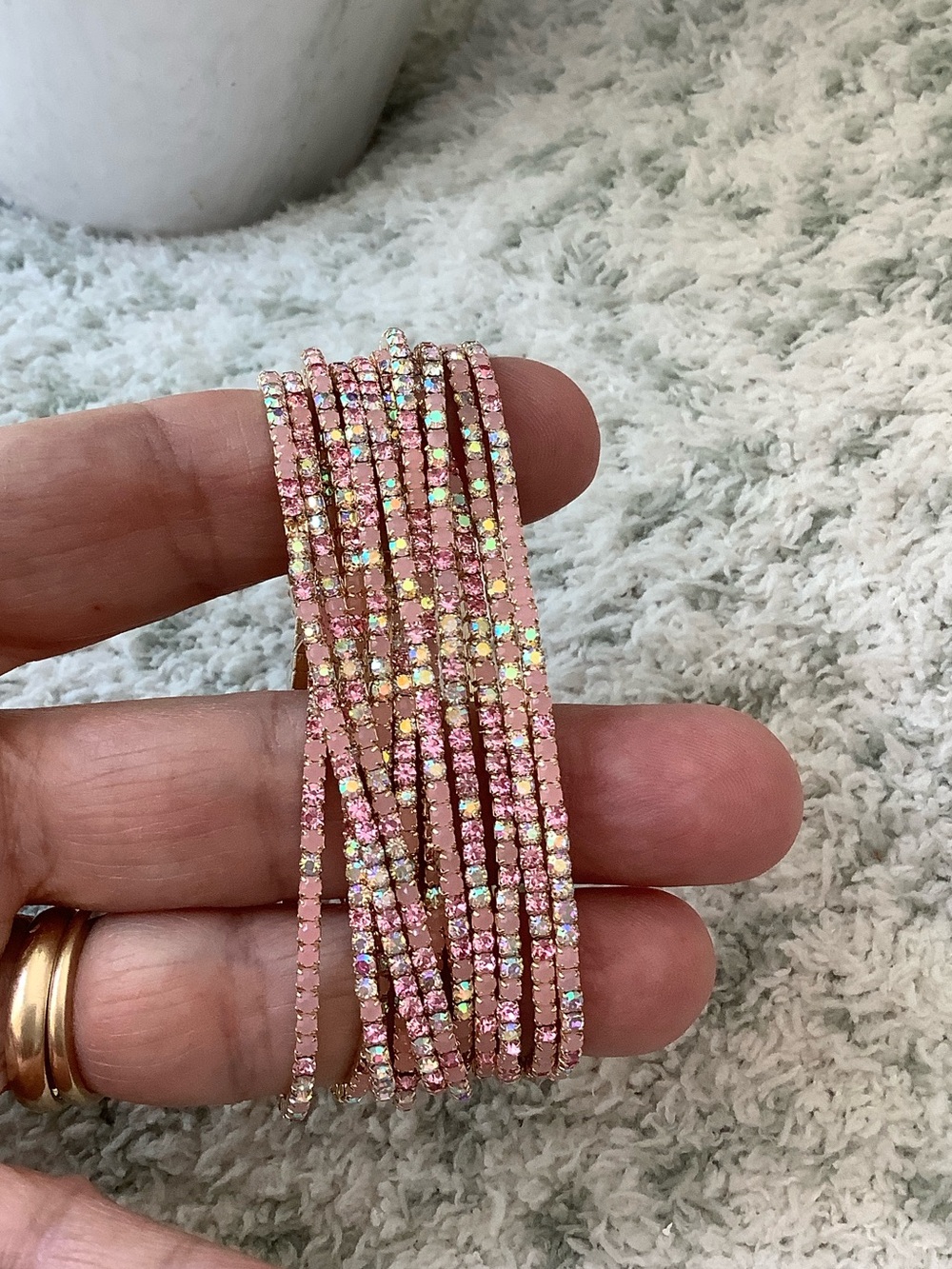 Set of 10 Thin Pink Crystal & Milk glass Crystal Stretch Fashion Bracelets NWT